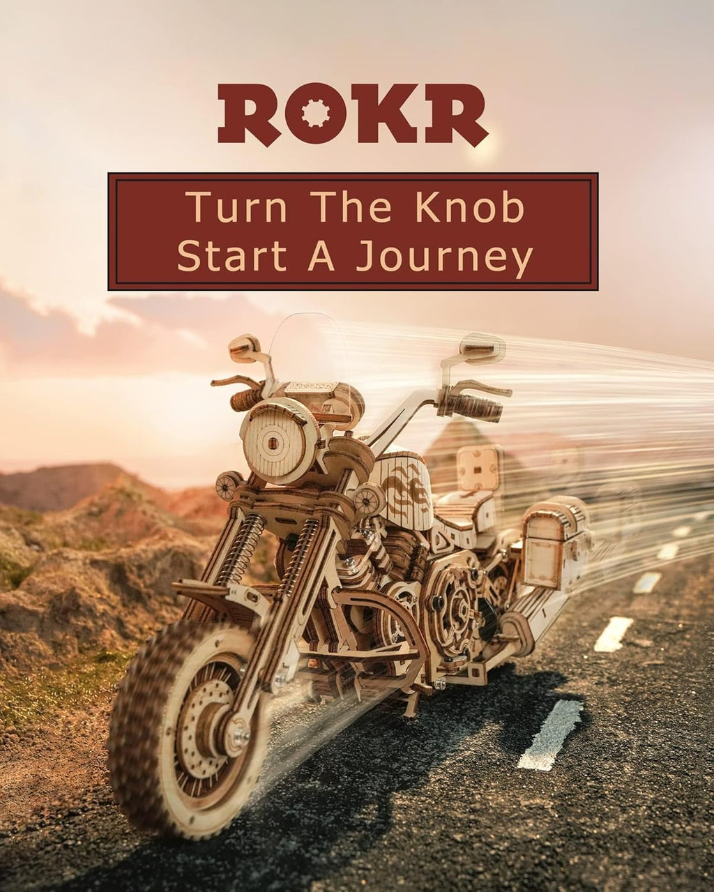 3D mechanical cruiser toy kit by ROKR showing assembled DIY motorcycle with intricate gears and metal parts, perfect for engineering enthusiasts