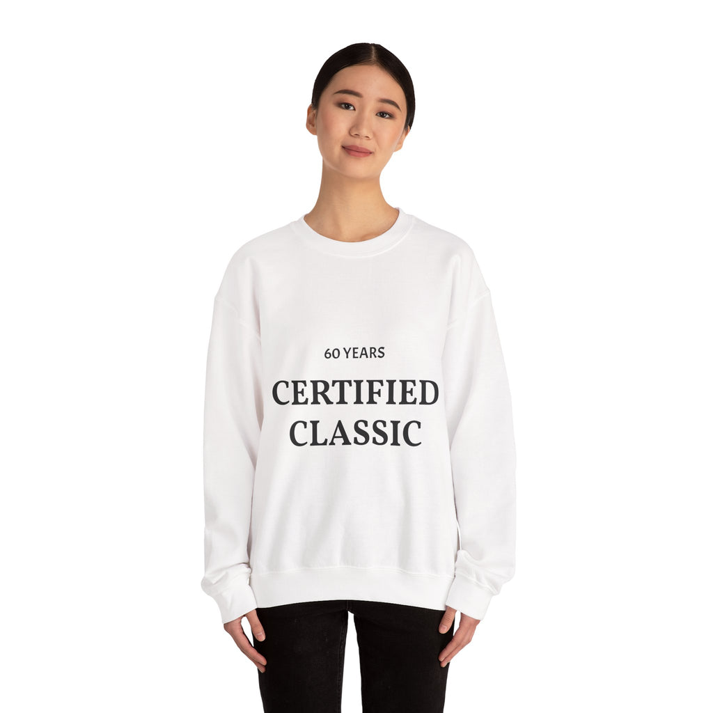 Person wearing a white sweatshirt with '60 Years Certified Classic' text on a white background | US Discount Store