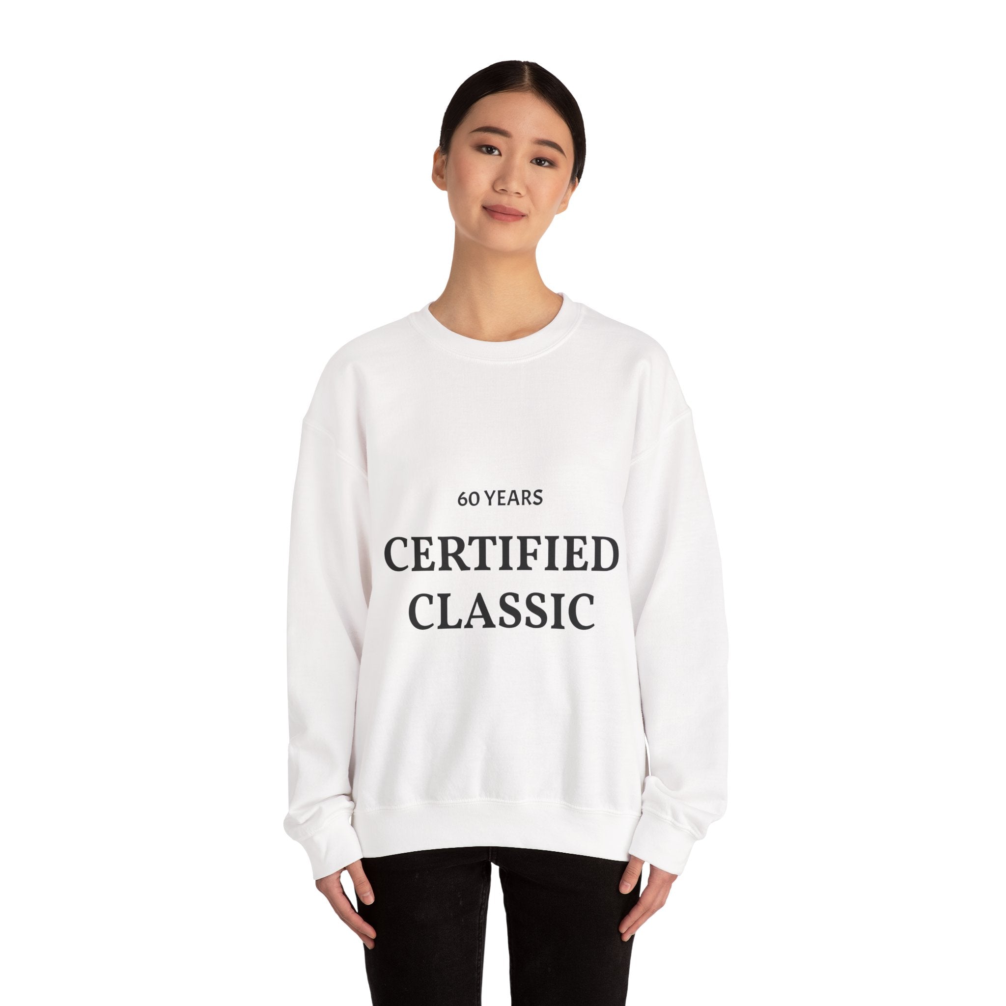 Person wearing a white sweatshirt with '60 Years Certified Classic' text on a white background | US Discount Store