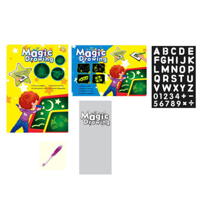 Glow-in-the-dark drawing tablet toy with colorful markers and a dark surface for mess-free creative art, ideal for kids.