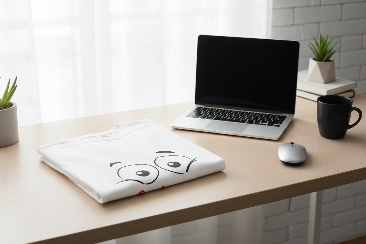 White t-shirt with cartoon eyes and mouth design on a white background