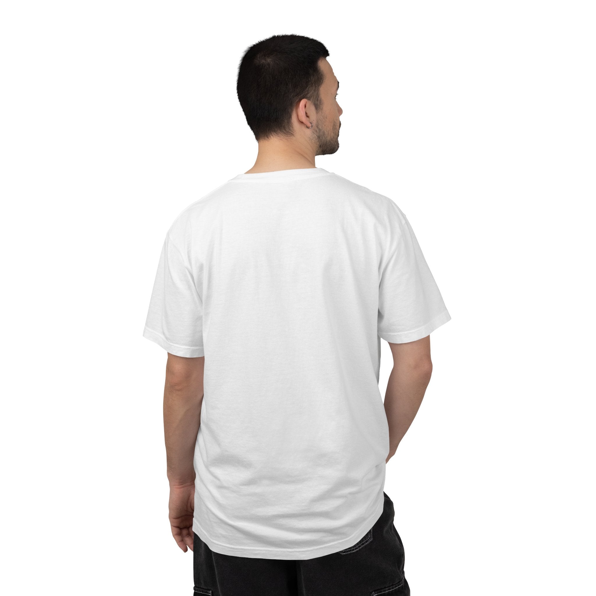 Man wearing a plain white t-shirt on a white background