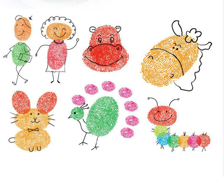 Colorful fingerprint art of various animals and characters on a white background