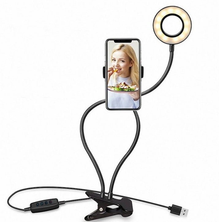Mobile Pro-Glow LED desktop ring light with adjustable brightness and 3-in-1 creator station setup, ideal for content creation.