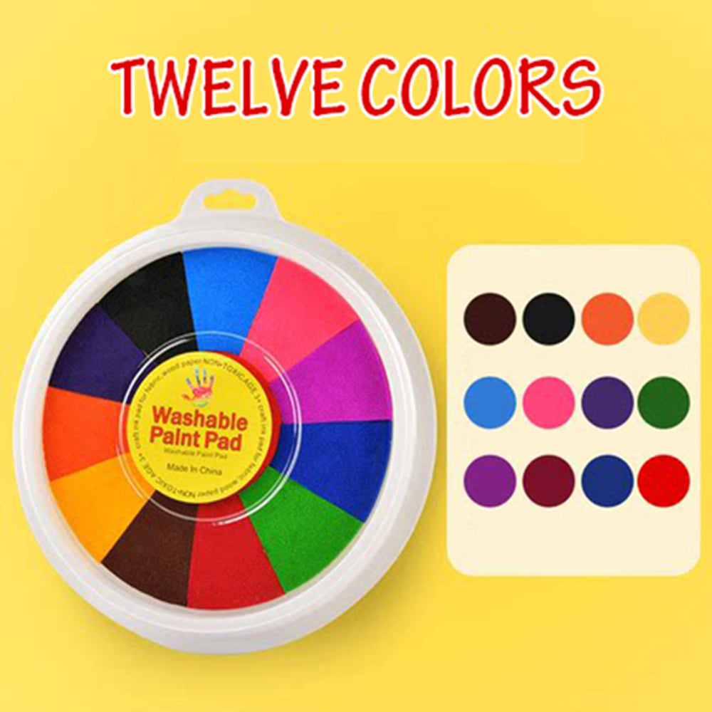 Washable paint pad with twelve colors on a yellow background