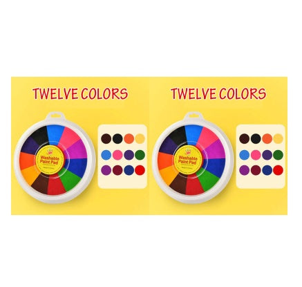 Two color swatch books with 12 colors each on a yellow background