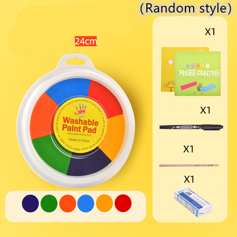 Washable paint pad with color swatch, pen, eraser, and packaging on a yellow background