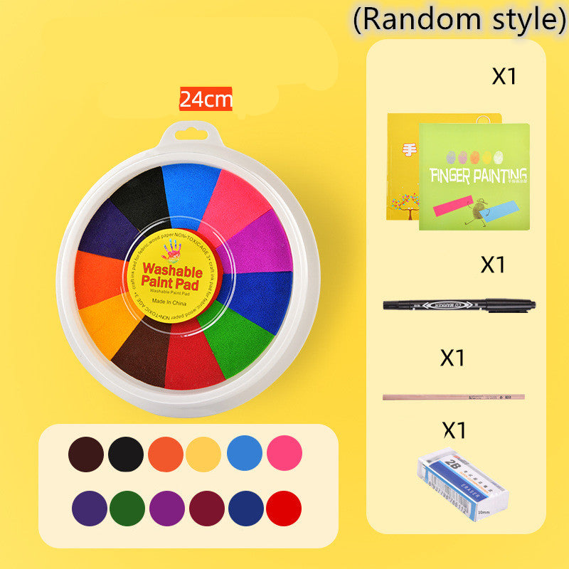 Washable paint pad set with color wheel, paint, brush, and eraser on a yellow background