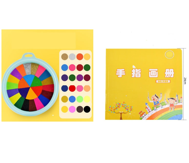Color wheel, color swatches, and a children's book on a yellow background