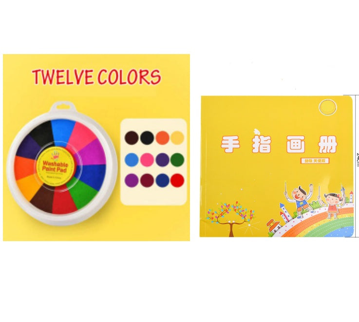 Color wheel and paint pad set with a child-friendly design on a yellow background