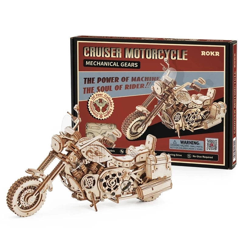 3D mechanical cruiser toy motorcycle kit by ROKR, showing assembled DIY engineering motorcycle with detailed parts and metal construction.