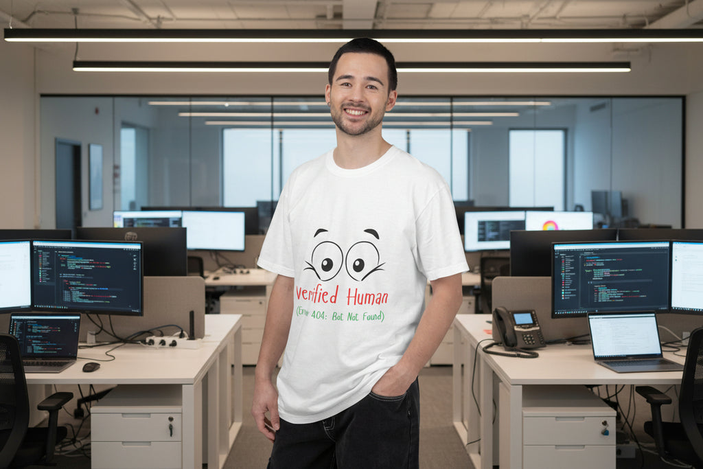 Man wearing a white t-shirt with a motivational quote on a plain background