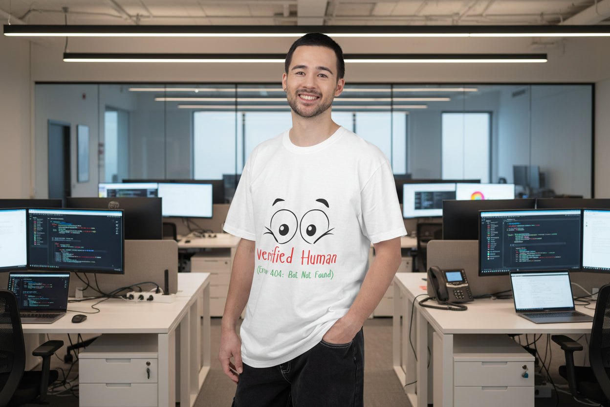 Man wearing a white t-shirt with a motivational quote on a plain background