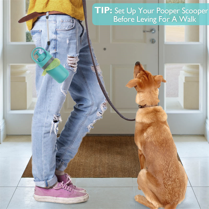 Portable dog scooper with dispenser, compact and convenient for cleaning up pet waste during walks.