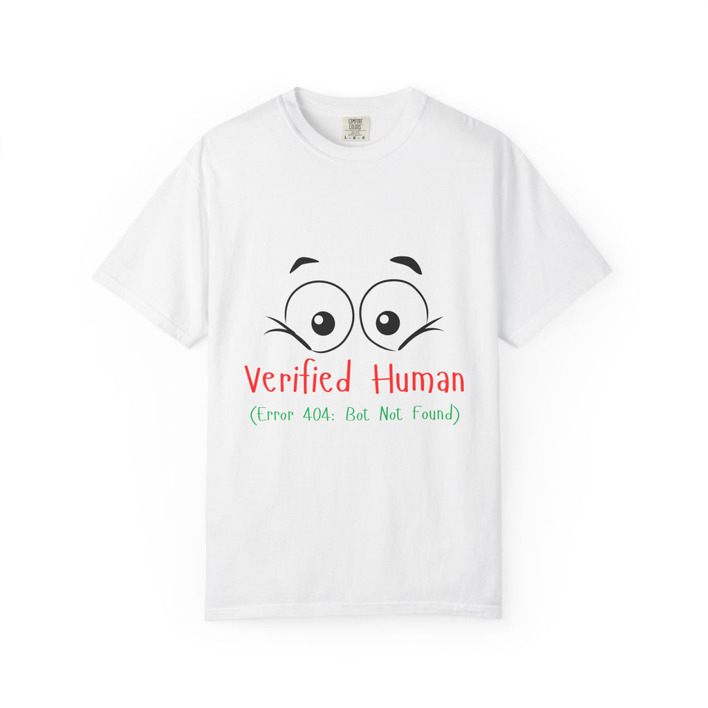 White t-shirt with cartoon eyes and 'Verified Human' text on a white background