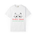 White t-shirt with cartoon eyes and 'Verified Human' text on a white background