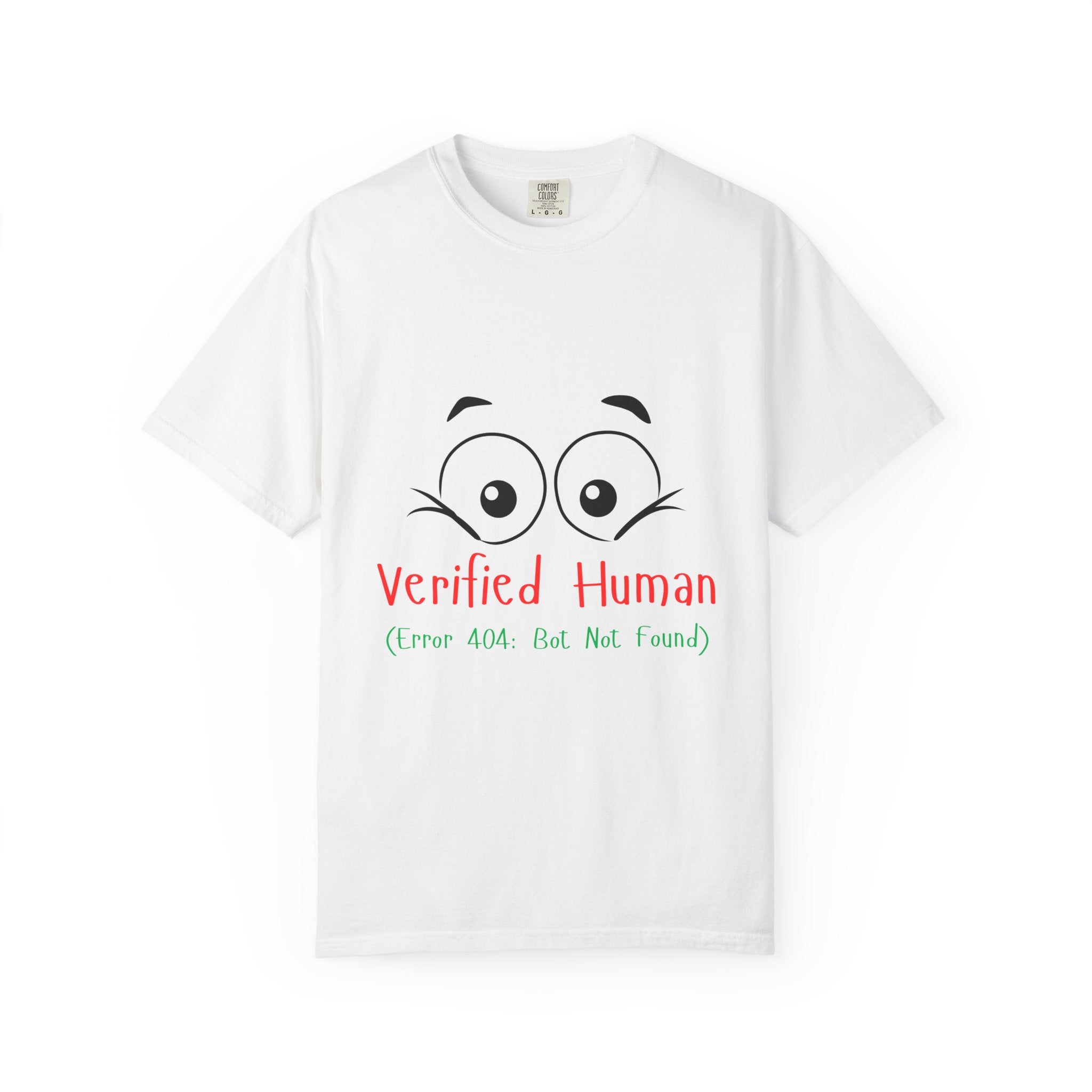White t-shirt with cartoon eyes and 'Verified Human' text on a white background