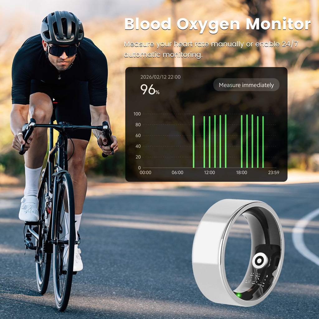 Titanium Elite Smart Ring displaying health data, designed for 24/7 wellness tracking, made of durable titanium material.