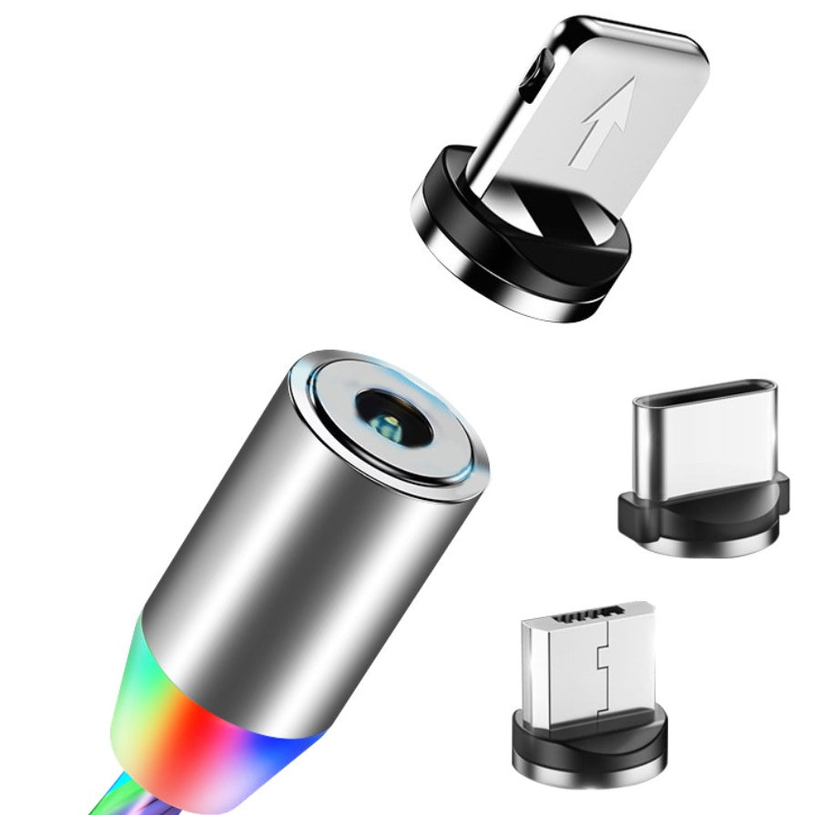 AuraFlow LED magnetic mobile charging cable, featuring a sleek design and one-handed magnetic connection for easy charging.