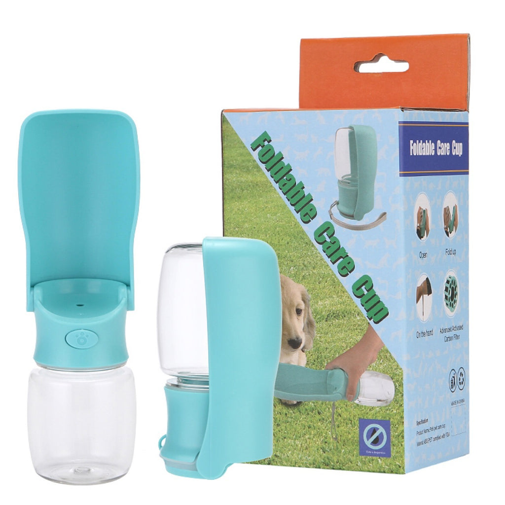 Portable dog water bottle dispenser with a compact design, featuring a built-in water bowl for easy hydration on the go.