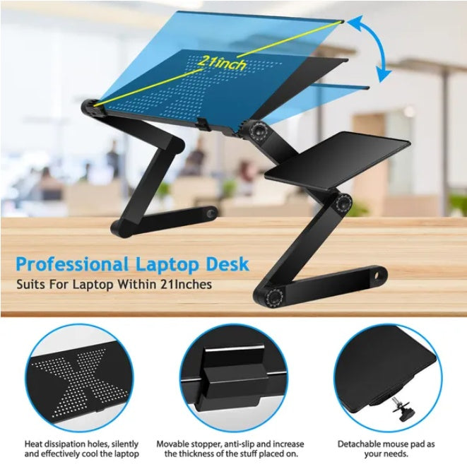 Fordable laptop desk with integrated cooling pad, ergonomic design, portable workspace for comfortable mobile working.