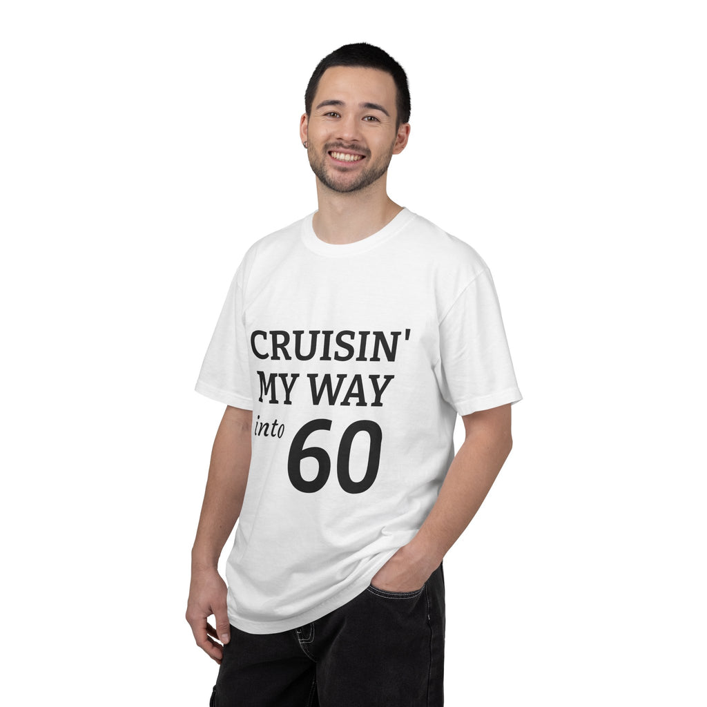 Man wearing a white t-shirt with a graphic design of a soccer player and ball on a white background | US Discount Store