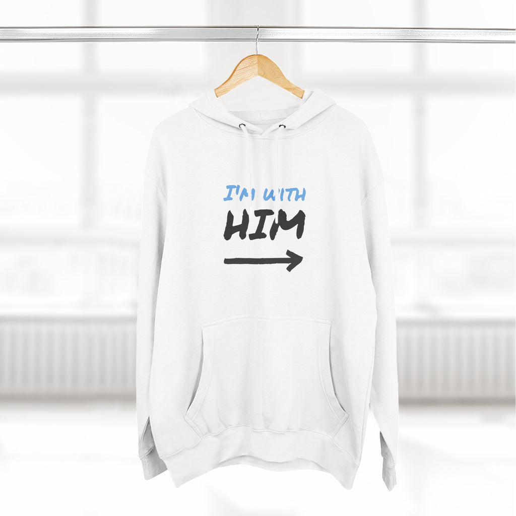 White hoodie with text 'I'm with HIM' on a hanger against a white background | US Discount Store