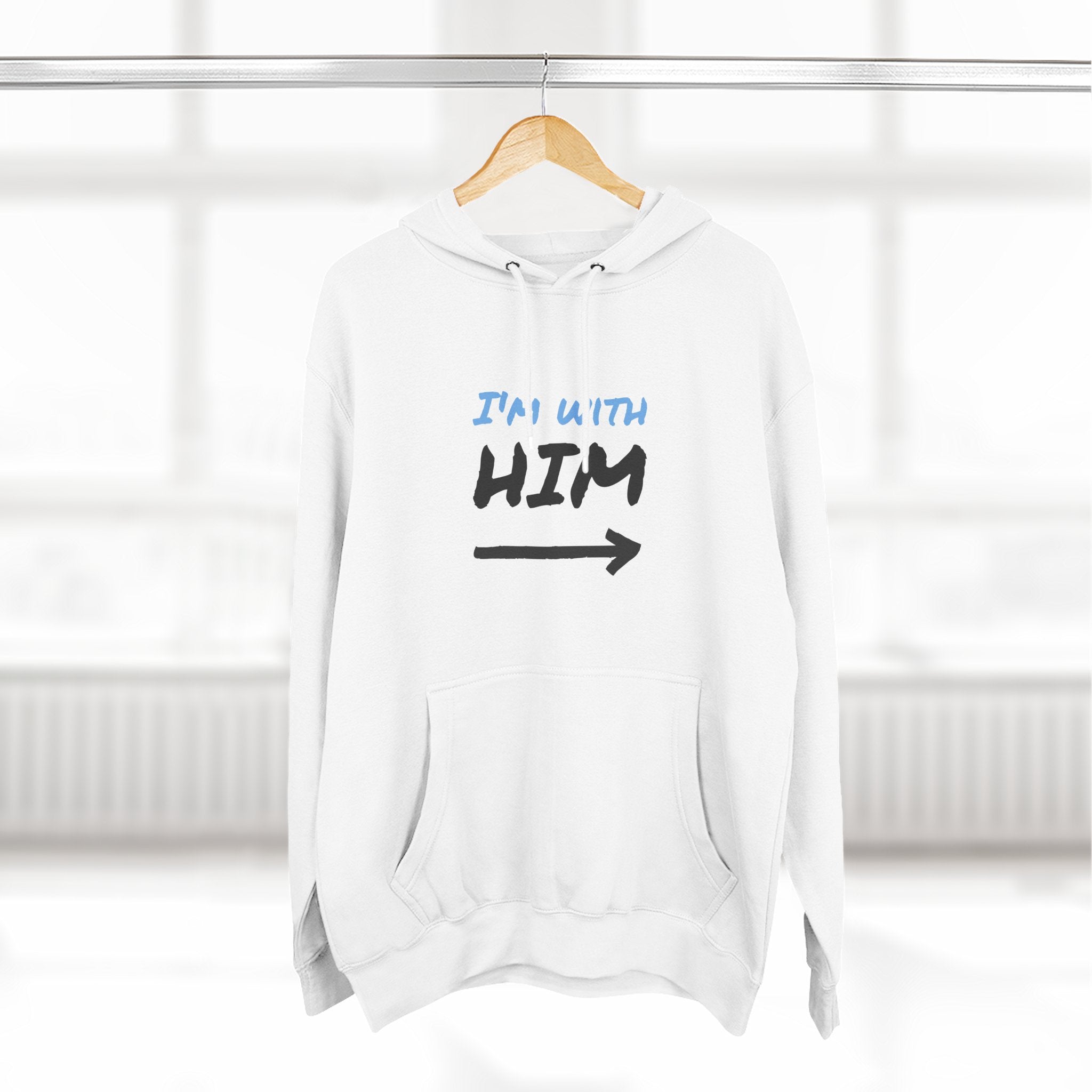 White hoodie with text 'I'm with HIM' on a hanger against a white background | US Discount Store