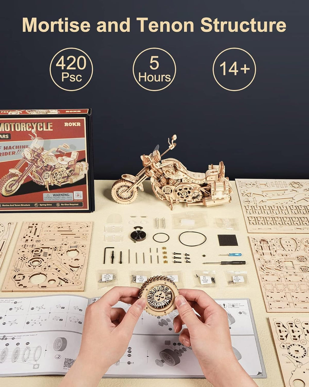 3D mechanical cruiser motorcycle toy kit by ROKR, showcasing assembled DIY engineering toy with detailed parts and metallic finish.