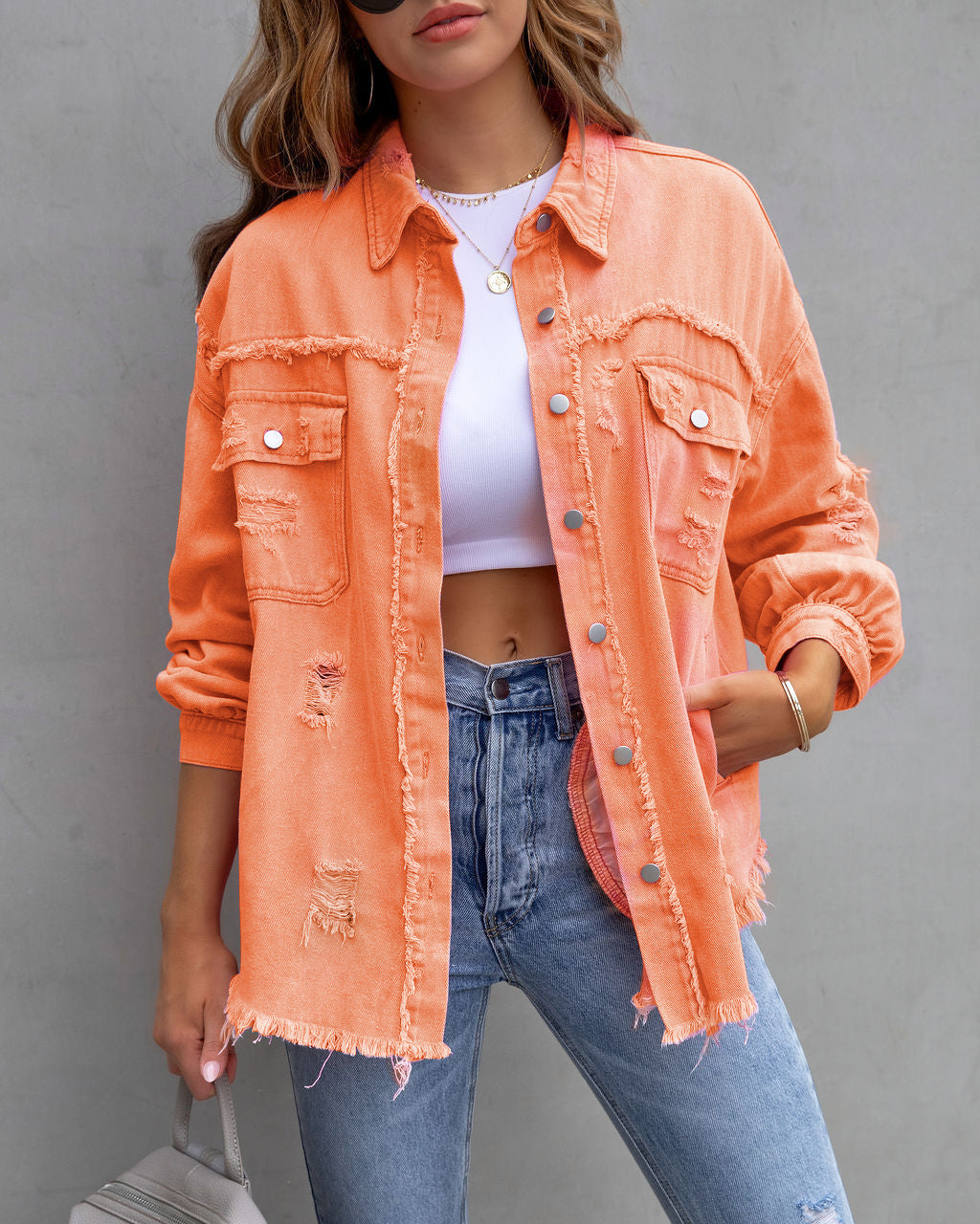 Ripped Shirt Jacket For Womens