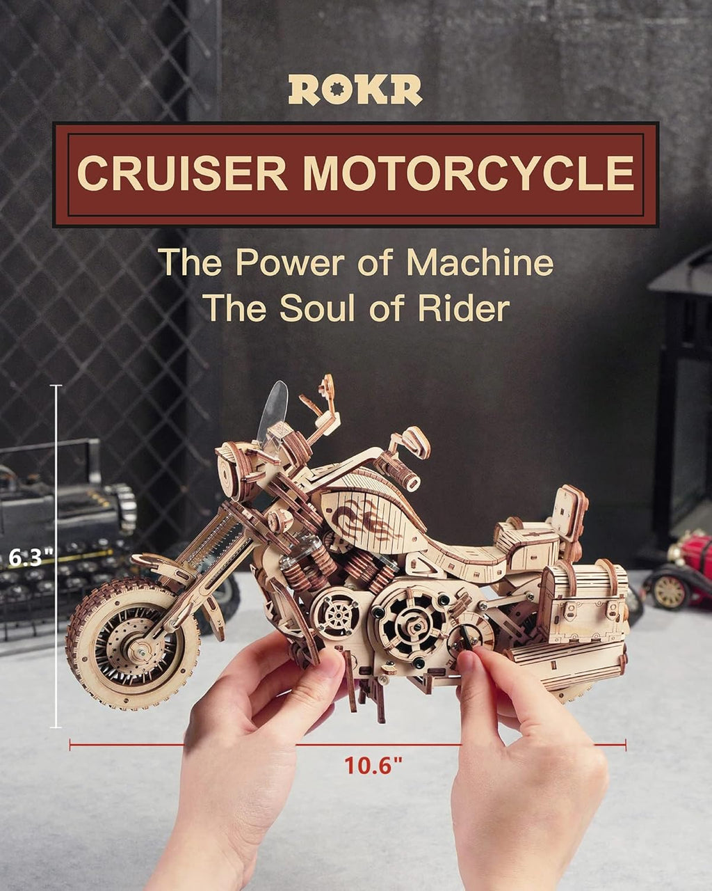 ROKR 3D Mechanical Cruiser toy motorcycle kit with intricate parts and detailed design, perfect for DIY engineering and model building.