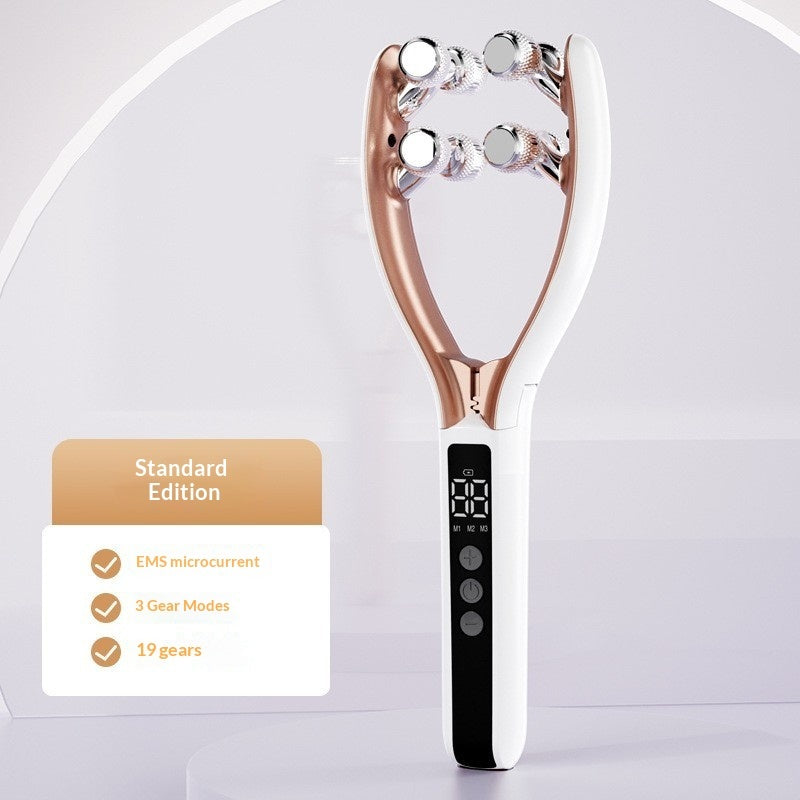 V-Roller EMS microcurrent device for facial contouring, showing the dual-wave technology and sleek ergonomic design.