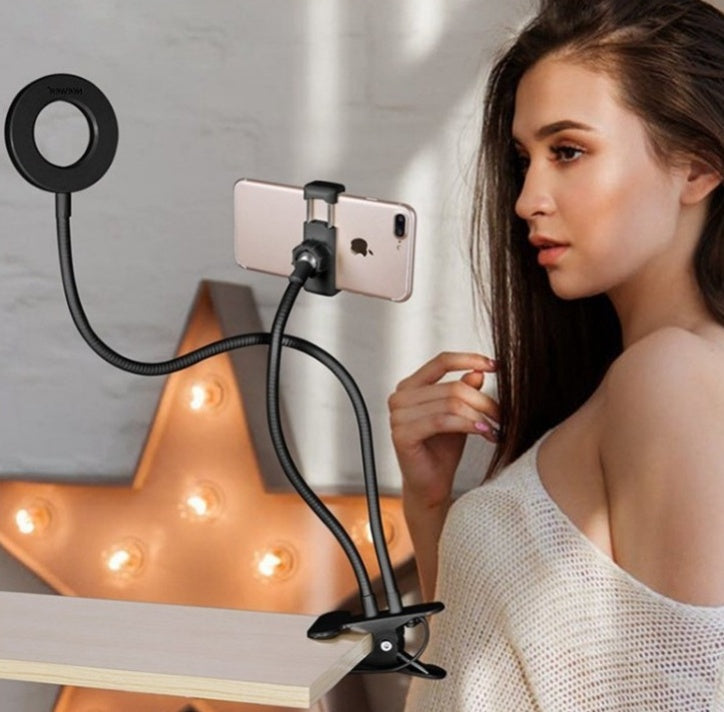 Mobile Pro-Glow LED desktop ring light with 3-in-1 creator station, featuring adjustable brightness and sleek design.