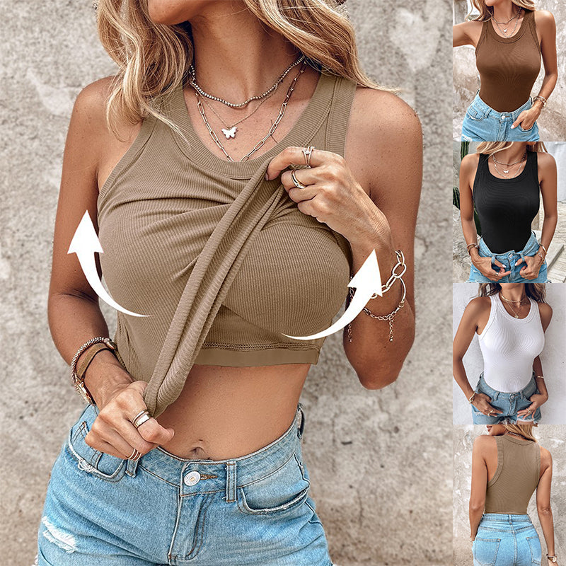 Seamless support round-neck vest with built-in bra, shown in a stylish bag, designed for summer comfort and support.
