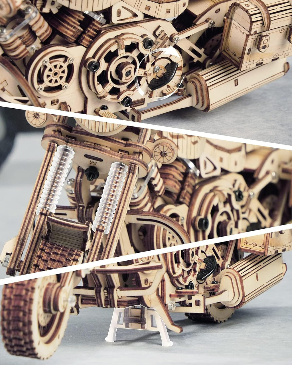 3D mechanical cruiser toy kit by ROKR featuring detailed motorcycle parts and assembly components for DIY engineering fun.