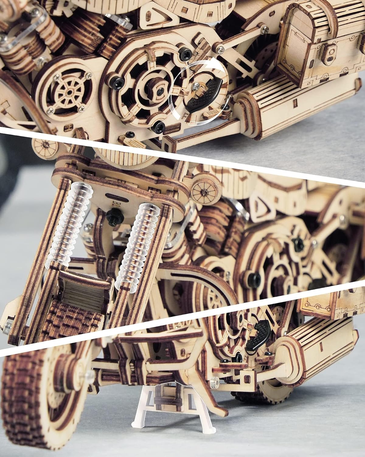 3D mechanical cruiser toy kit by ROKR featuring detailed motorcycle parts and assembly components for DIY engineering fun.