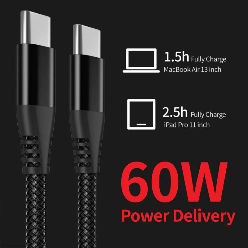 High-speed USB-C to USB-C sync and charge cable for mobile devices, with a durable black design and reinforced connectors.