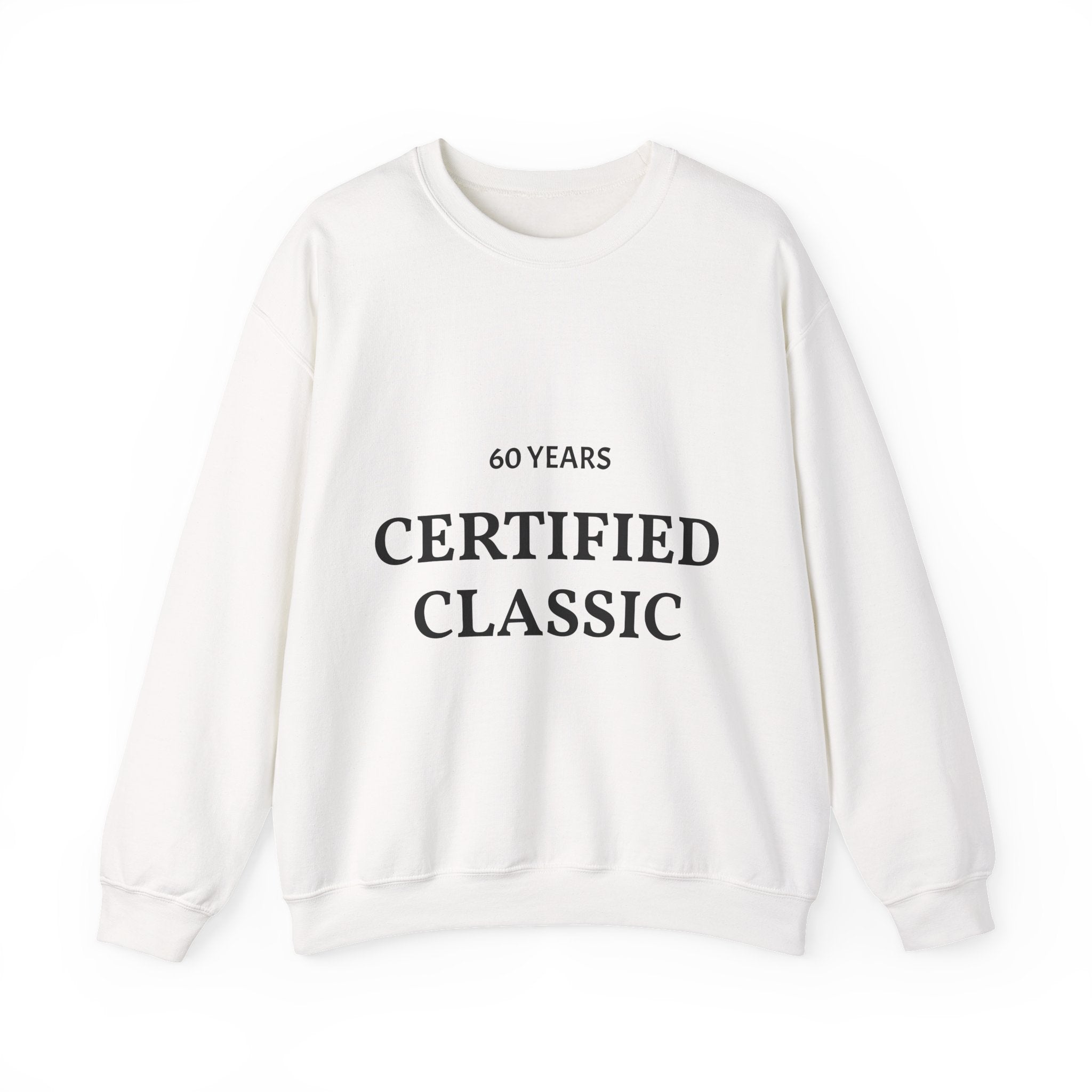 White sweatshirt with '60 Years Certified Classic' text on a white background | US Discount Store