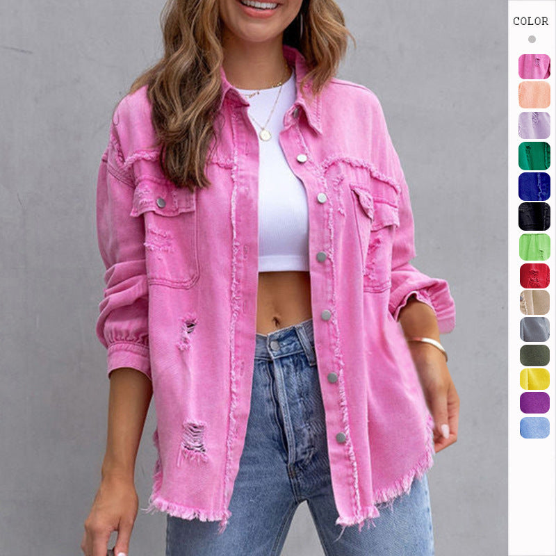 Pink ripped denim-style women's shirt jacket with distressed details, casual ladies fashion , displayed on a model.