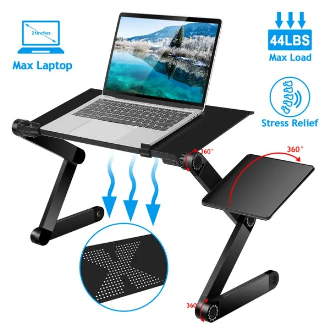 Fordable laptop desk with integrated cooling pad, ergonomic design, and adjustable height for comfortable mobile workspace.