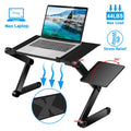 Fordable laptop desk with integrated cooling pad, ergonomic design, and adjustable height for comfortable mobile workspace.