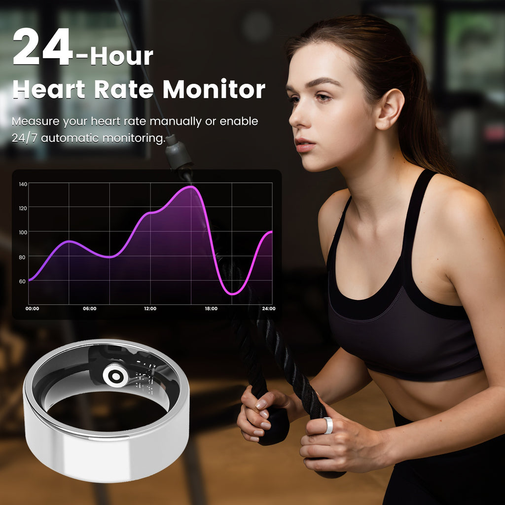 Titanium Elite Smart Ring showing digital health data, designed as a sleek wellness tracker for continuous health monitoring.