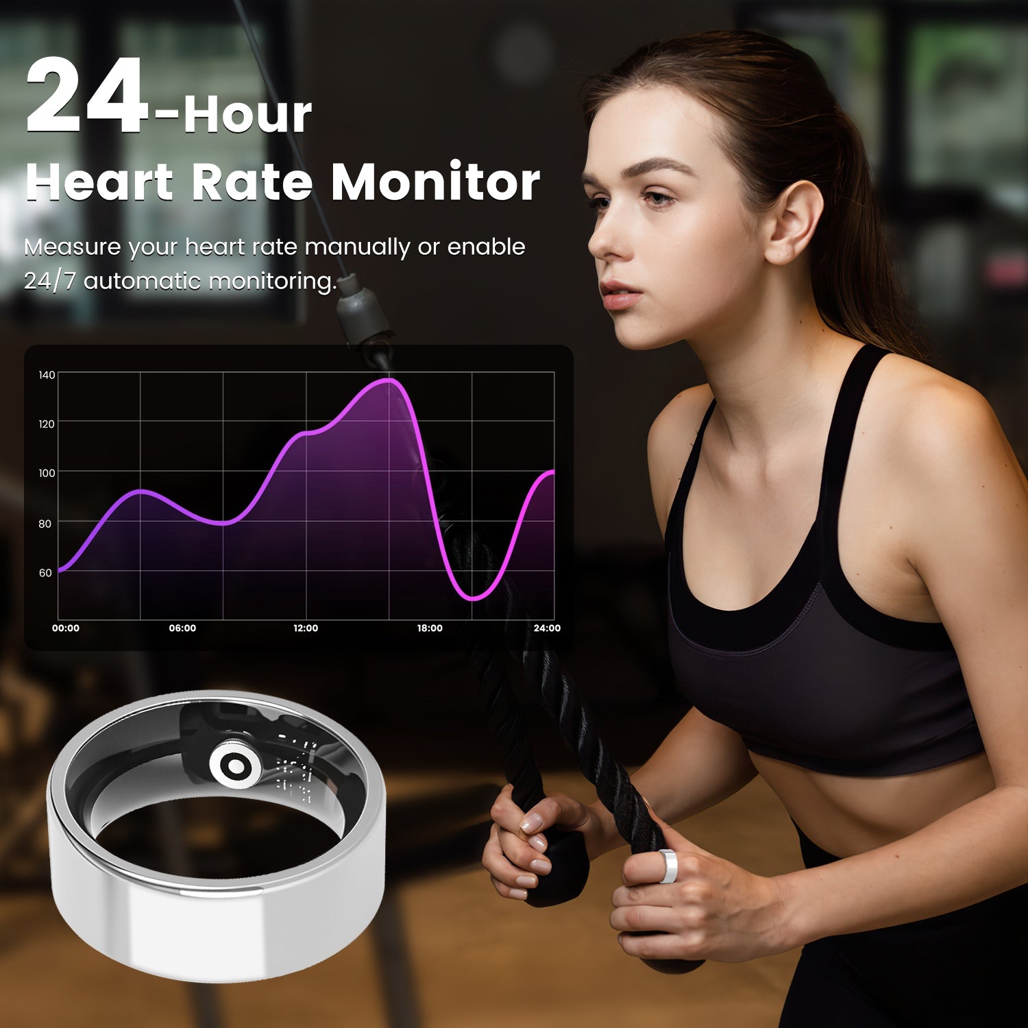 Titanium Elite Smart Ring showing digital health data, designed as a sleek wellness tracker for continuous health monitoring.