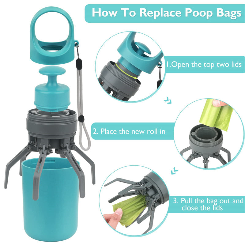 Portable dog scooper with dispenser, gray plastic tool for easy pet waste pickup in outdoor settings.