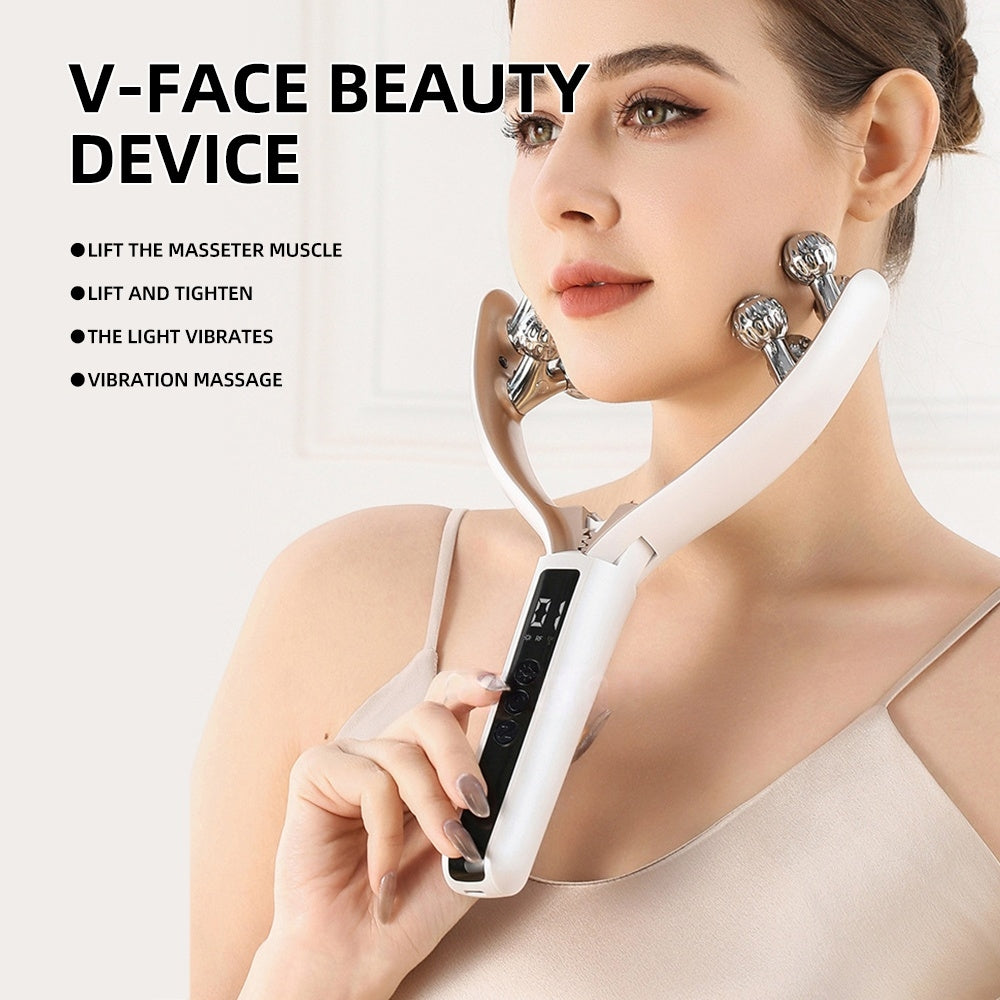 V-Roller EMS microcurrent device for facial contouring, showing the handheld health device with dual-wave technology in use.