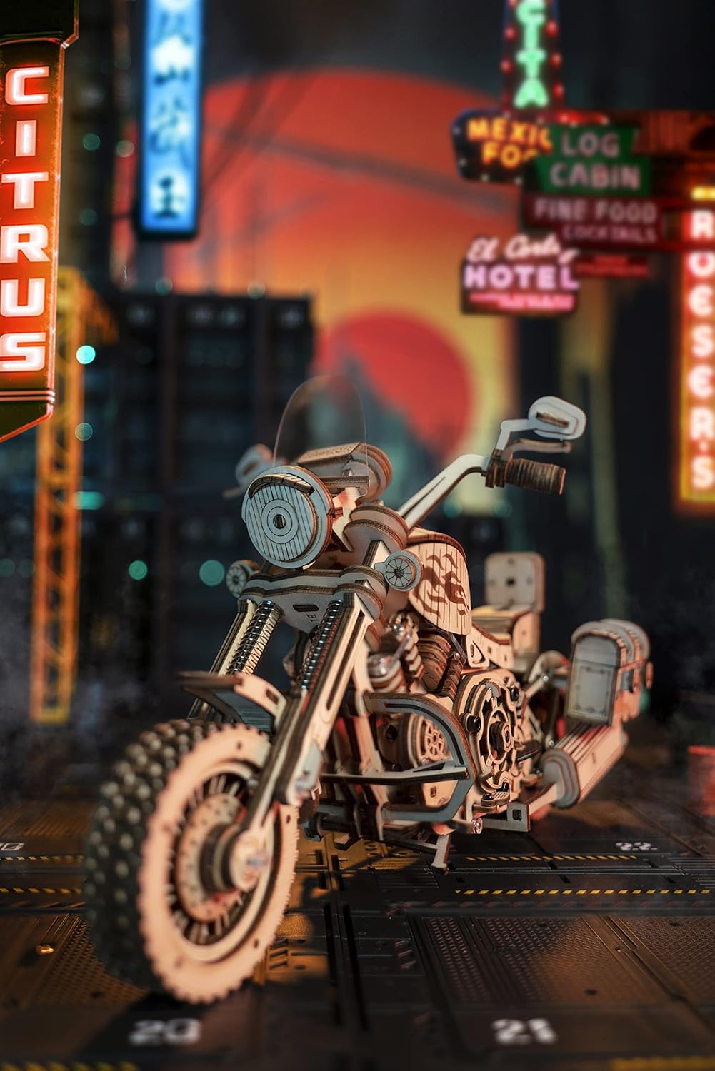 3D mechanical cruiser motorcycle toy kit by ROKR, featuring detailed parts for DIY engineering and assembly.