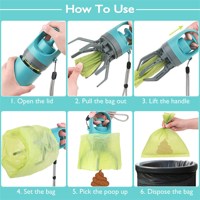 Portable dog scooper with dispenser, compact pet waste removal tool in black with a built-in waste bag holder.