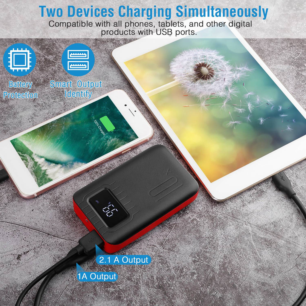 Compact 10000mAh mobile power bank with digital display and dual charging ports, branded by 1.