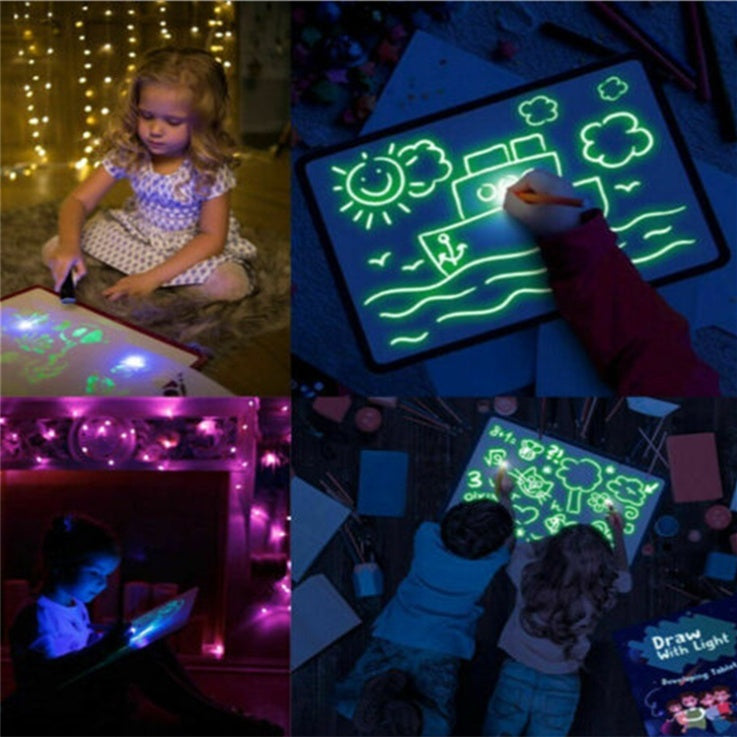 Magic Glow-in-the-Dark Drawing Tablet toy kit with colorful pens, light-up surface, and creative art tools for kids' mess-free drawing fun.