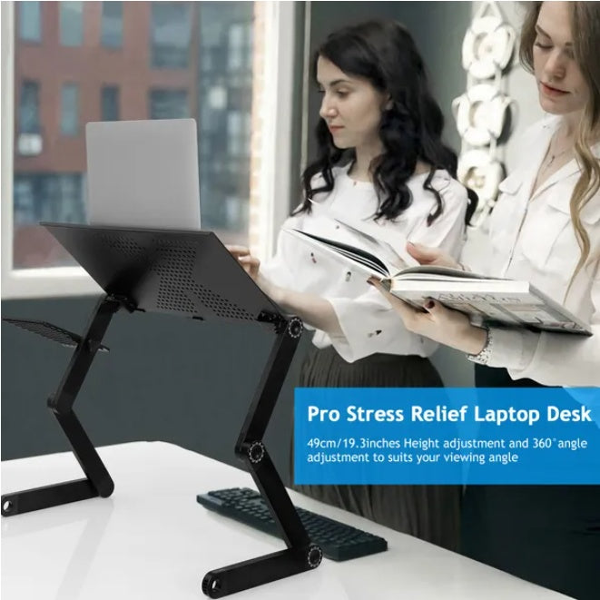 Fordable laptop desk with integrated cooling fan, ergonomic design, portable workspace, ideal for comfortable mobile workstations.
